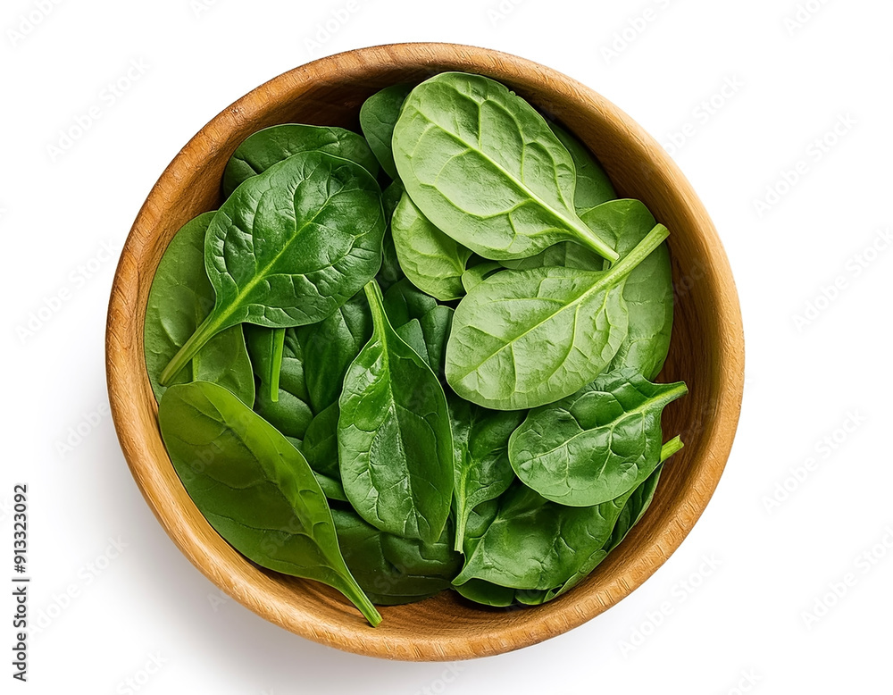 Spinach in wooden bowl isolated on white background Spinach in wooden bowl isolated on white background