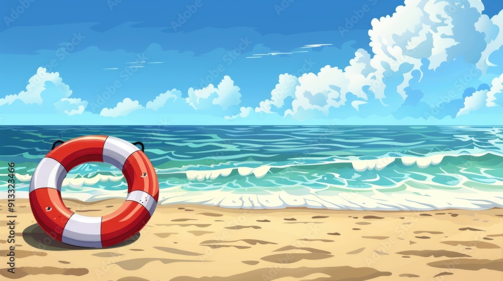 Naklejka premium Seascape with lifebuoy. generative ai