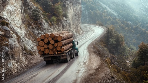 A truck loaded with logs navigates a curvy mountain road surrounded by dense forest and misty hills. photo