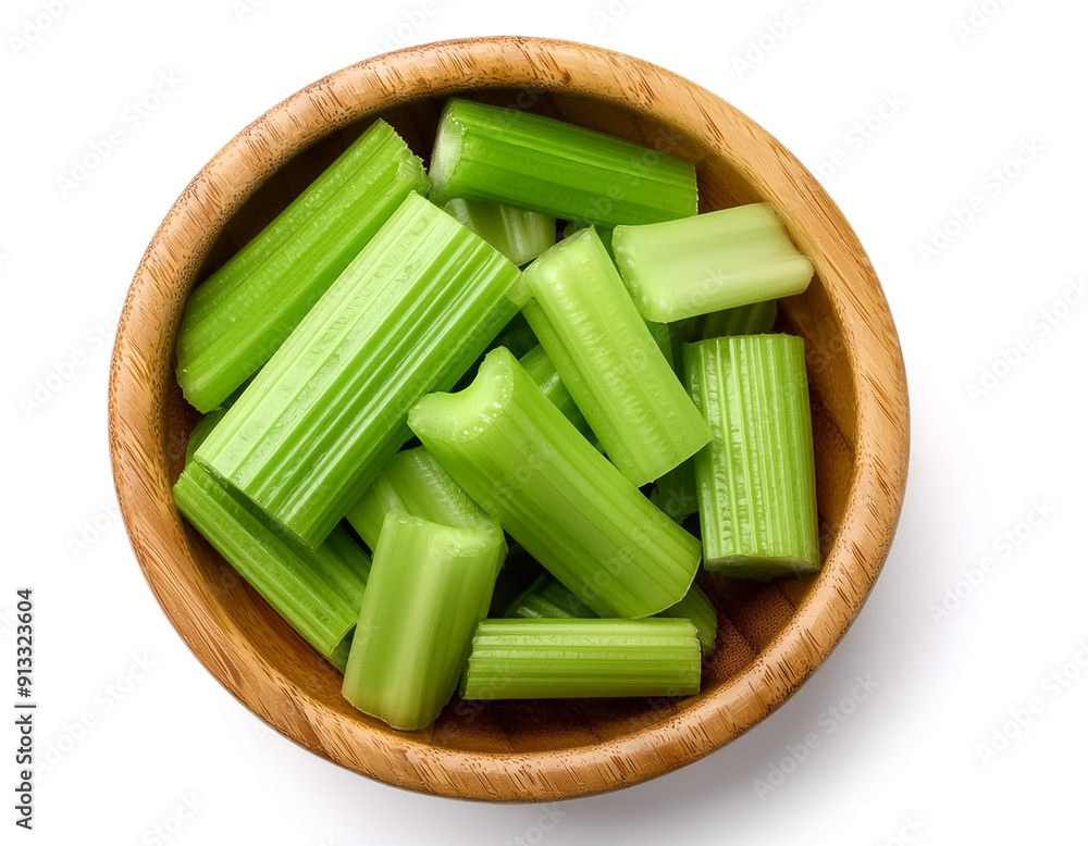 Celery Vegetables in wooden bowl isolated on white background Celery Vegetables in wooden bowl isolated on white background