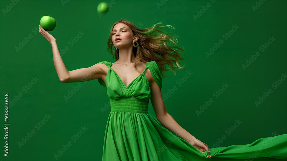 Woman standing in a flowing green dress, tossing a green apple in the air, with a deep green accent highlighting the apple's motion, with copy space Woman standing in a flowing green dress, tossing a green apple in the air, with a deep green accent highlighting the apple's motion, with copy space