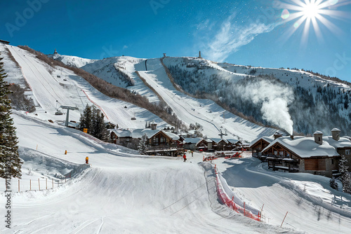 An Alpine Ski Resort With Snow-covered Slopes With Well-groomed Ski Trails Winding Down The Mountainside photo