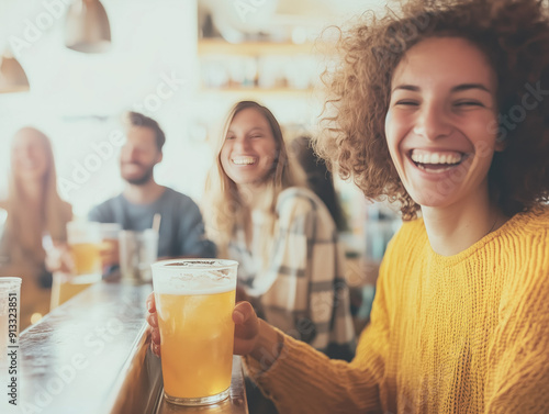 Multiracial group of friends having drinks, wine and cocktails, Happy different young people having fun in restaurant cafe bar. Youth lifestyle concept with guys and girls enjoying day out together photo