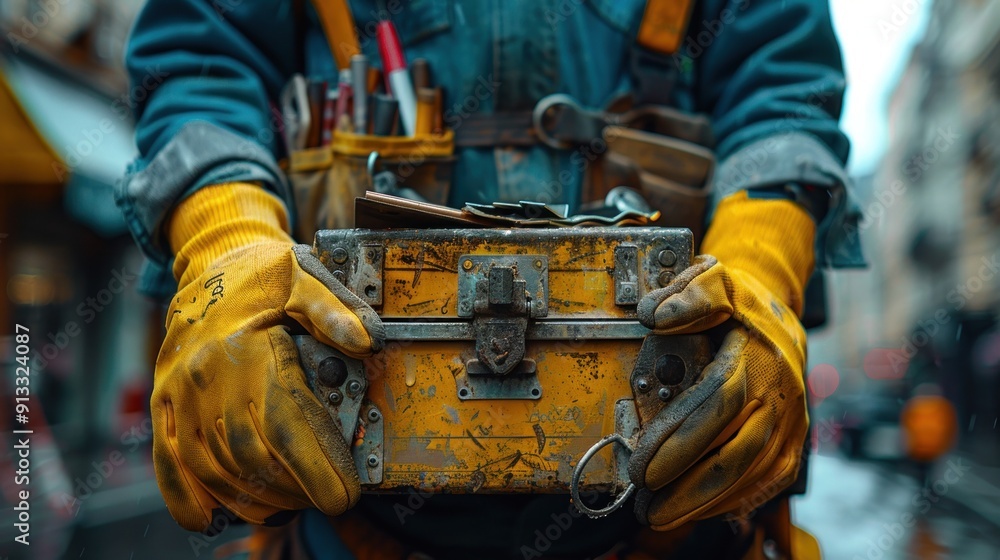 A worker carrying a toolbox of metal tools wearing gloves and wearing a building uniform for work safety, industrial concept, construction A worker carrying a toolbox of metal tools wearing gloves and wearing a building uniform for work safety, industrial concept, construction