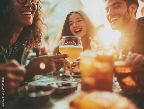 Multiracial group of friends having drinks, wine and cocktails, Happy different young people having fun in restaurant cafe bar. Youth lifestyle and happy hour after work drinks concept photo