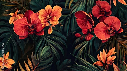 Dark green leaves with red orchids. Perfect for use as a background or for designs that need a tropical touch.