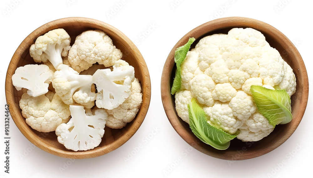 Cauliflower in wooden bowl isolated on white background Cauliflower in wooden bowl isolated on white background