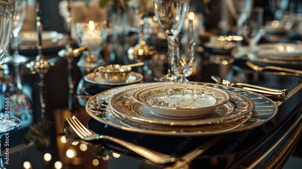 Gold-rimmed plates and silverware set on a black table Gold-rimmed plates and silverware set on a black table
