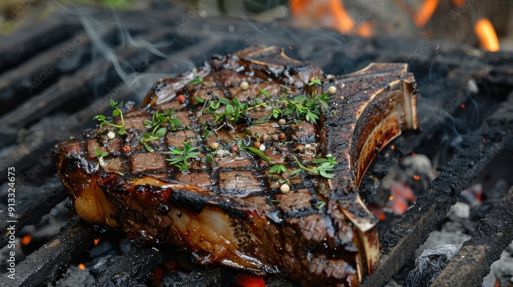 Fototapeta premium Grilling Tasty Steak With Herbs Over Flames Outdoors