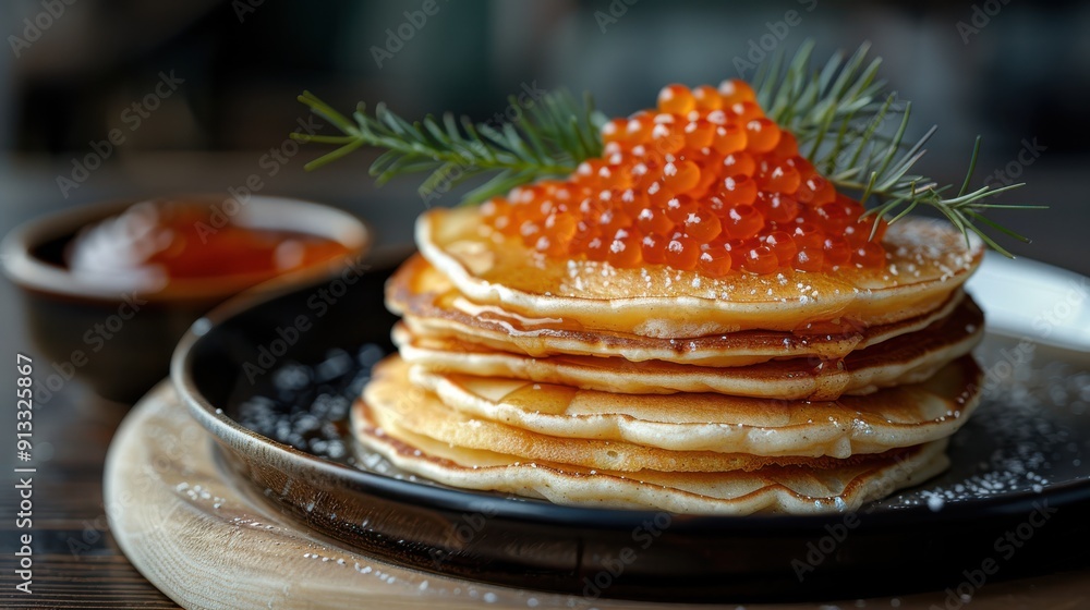 Fluffy Pancakes Topped With Caviar and Fresh Herbs Fluffy Pancakes Topped With Caviar and Fresh Herbs
