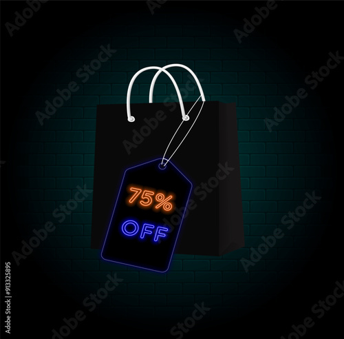 75% off. seventy-five percent off. neon style. Shopping bag. big offer, sale, special offer tag. sticker, tag, banner, advertising, offer icon. brick wall background. photo