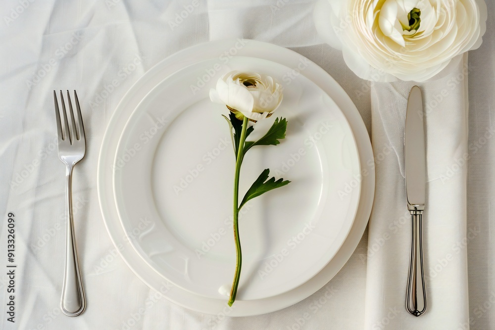 Minimalist table setting with plain white plates, simple cutlery, and a single stem flower centerpiece , created by ai Minimalist table setting with plain white plates, simple cutlery, and a single stem flower centerpiece , created by ai