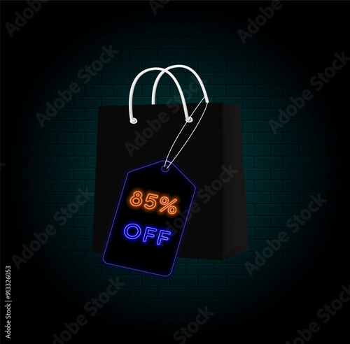 85% off. eighty-five percent off. neon style. Shopping bag. big offer, sale, special offer tag. sticker, tag, banner, advertising, offer icon. brick wall background. photo