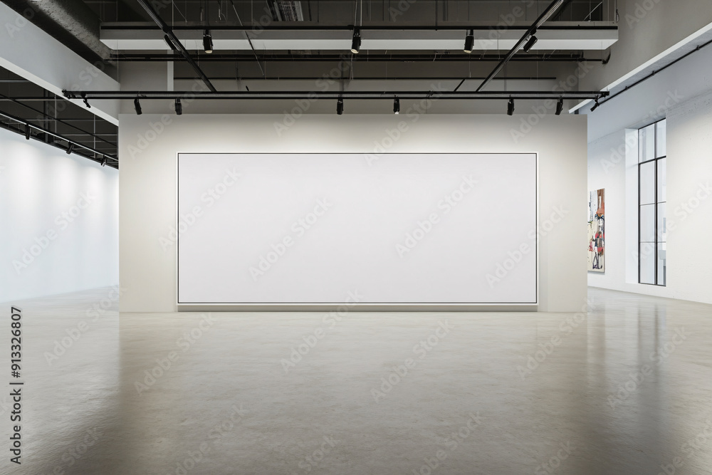 A large blank white wall mockup in an art space in a modern museum A large blank white wall mockup in an art space in a modern museum