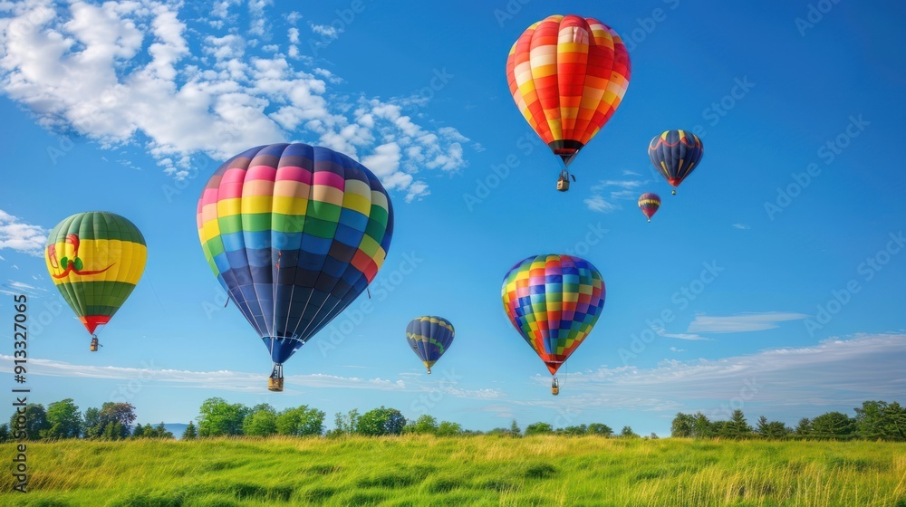 Fototapeta premium Colorful Hot Air Balloons Soaring Through a Blue Sky