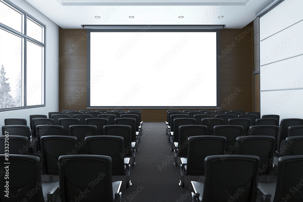 A photo of a large meeting room with white chairs and a black table, a big screen on the wall, grey-blue walls, a modern interior design A photo of a large meeting room with white chairs and a black table, a big screen on the wall, grey-blue walls, a modern interior design
