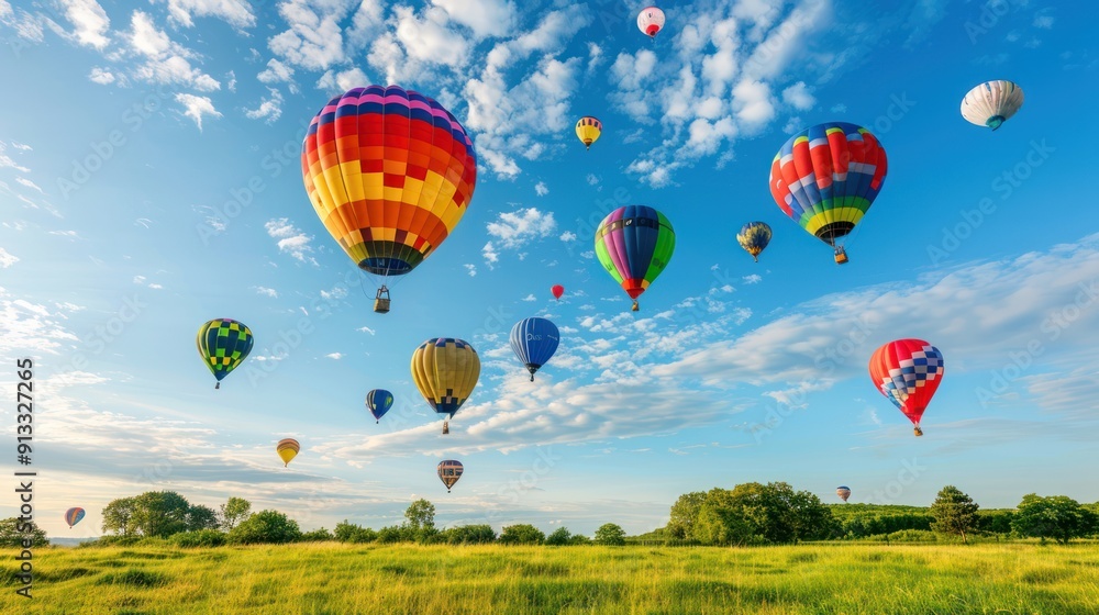 Fototapeta premium Colorful Hot Air Balloons Soaring in a Blue Sky with White Clouds