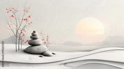 Stacked Stones in a Minimalist Landscape with a Sun and Branch with Red Flowers photo