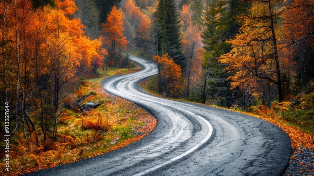 Obraz premium Winding road with autumn colors in the mountain wilderness generative ai