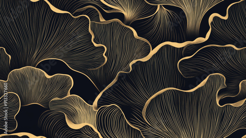 Wallpaper Mural Seamless gold oyster mushroom line art wallpaper pattern. Luxury natural hand drawn oyster mushroom pattern design in minimalist linear contour style for fabric, wallcovering, banner, invitation. Torontodigital.ca