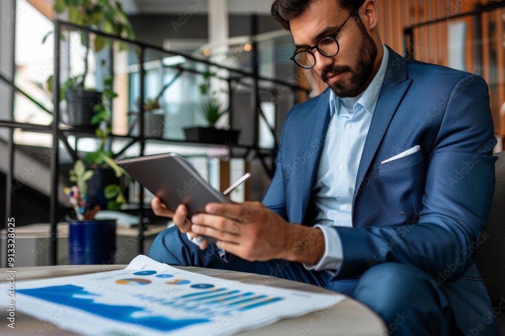Fototapeta premium A confident businessman analyzing financial charts on a digital tablet in a modern office setting