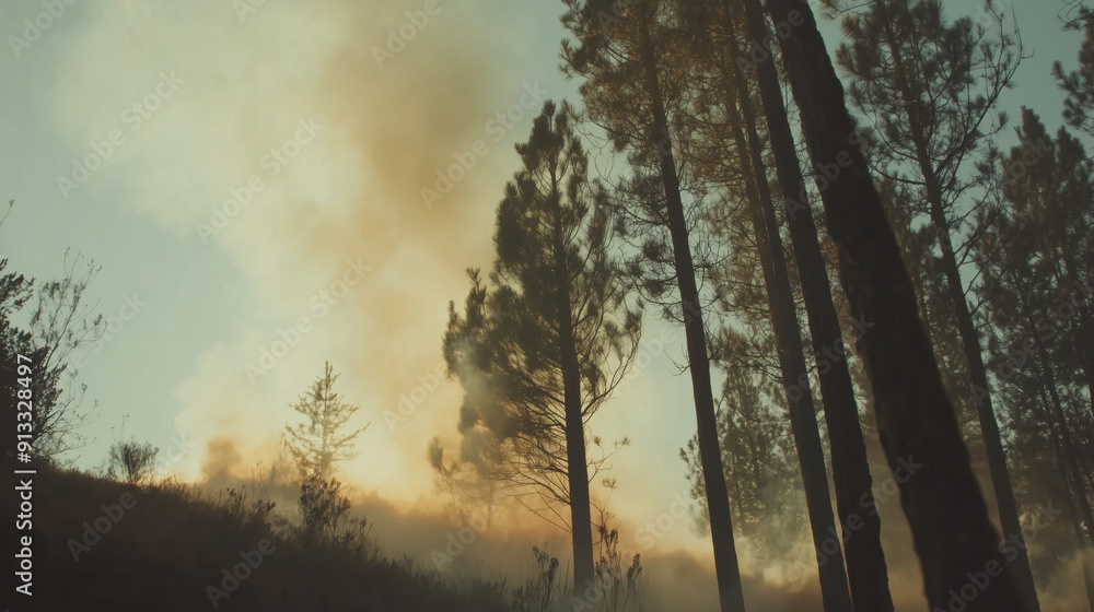Naklejka premium Forest fire smoke landscape natural disaster background banner panorama. smoke development from wildfire and black silhouette of forest trees. Cinematic Artsy Film Style