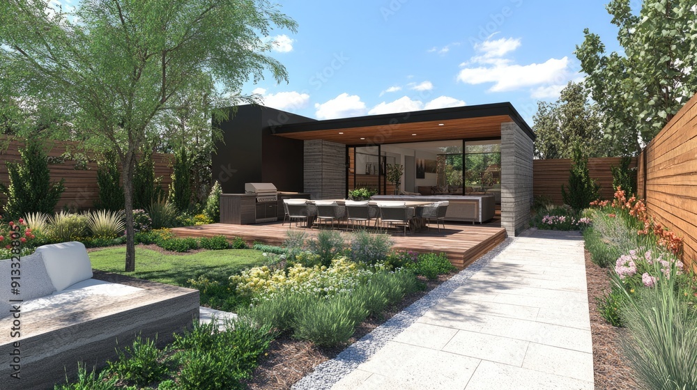 Naklejka premium A modern backyard with a deck and a grill. This image is perfect for showcasing home design, architecture, or outdoor living.