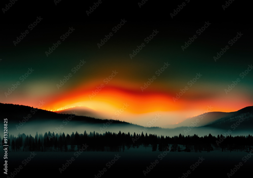 Forest fire, wildfire forest landscape natural disaster background banner panorama. Burning flames with smoke development and black silhouette of forest trees. cinematic artsy film style Forest fire, wildfire forest landscape natural disaster background banner panorama. Burning flames with smoke development and black silhouette of forest trees. cinematic artsy film style