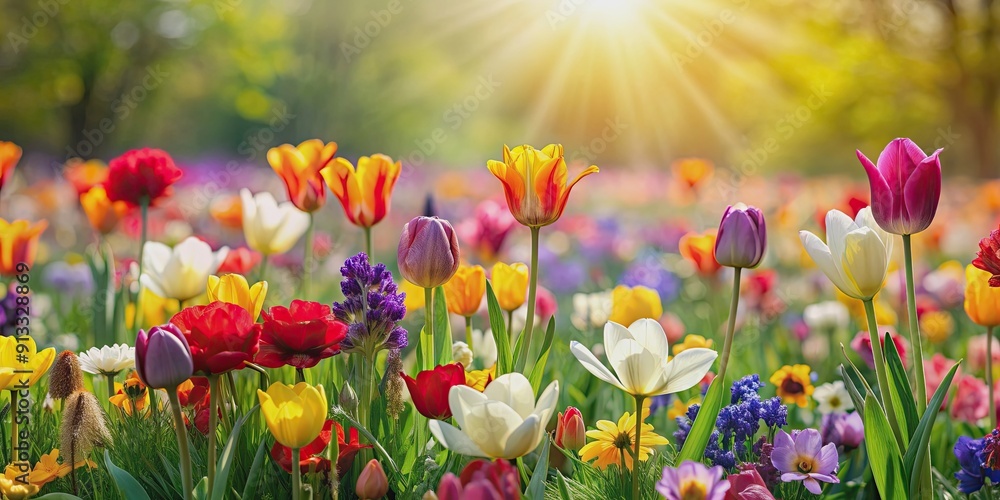 Fototapeta premium of vibrant spring flowers blooming , spring, colorful, flowers,vibrant, blooming, garden, petals, floral, bright, seasonal