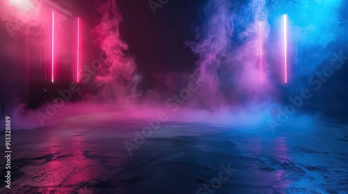 A dark, smoky room illuminated by pink and blue neon lights. The lights create a dramatic, ethereal atmosphere.