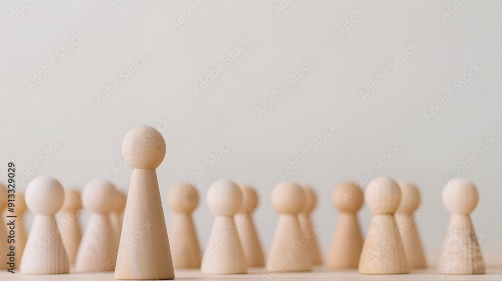 Standing Out: A lone wooden pawn stands taller than a crowd of identical pieces, symbolizing leadership, individuality, and daring to be different. Standing Out: A lone wooden pawn stands taller than a crowd of identical pieces, symbolizing leadership, individuality, and daring to be different.