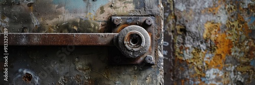 Lock mechanism on blast door in bomb shelter in Switzerland Heavy duty air lock on concrete door in fallout shelter or survival bunker for use during war or disaster Selective focus