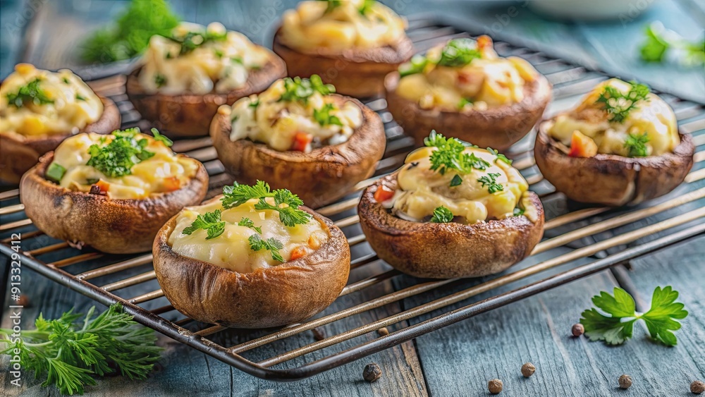Stuffed mushrooms with cheese and herbs cooking on grate, stuffed mushrooms, cheese, herbs, grilling, barbecue, cooking Stuffed mushrooms with cheese and herbs cooking on grate, stuffed mushrooms, cheese, herbs, grilling, barbecue, cooking