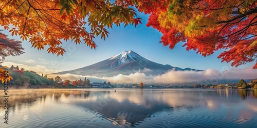 Colorful autumn scene at Lake Kawaguchiko with Mt. Fuji in the background and morning fog , Autumn, colorful