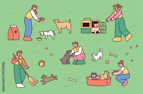 Volunteers care for dogs at a dog shelter. outline simple vector illustration.