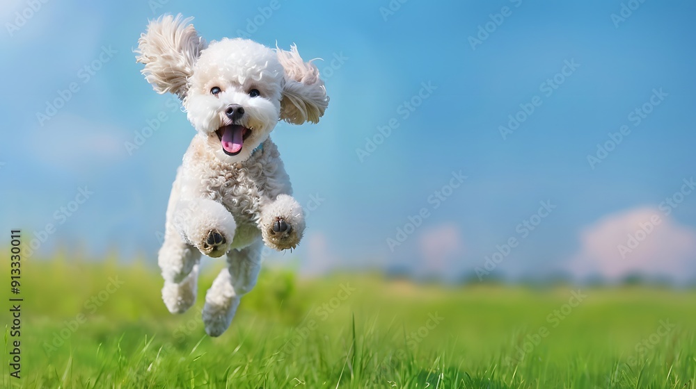 Poodle's Leap of Joy: A fluffy white poodle soars through a sunny meadow, its tongue lolling in pure canine bliss.
