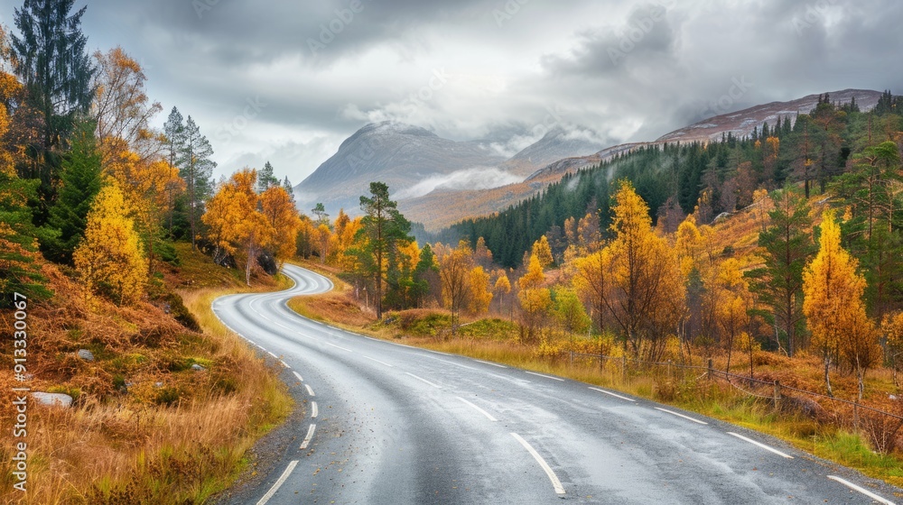 Winding road with autumn foliage in the highlands generative ai Winding road with autumn foliage in the highlands generative ai