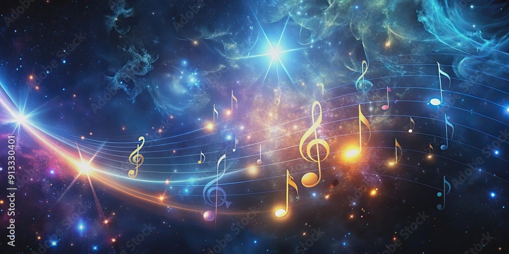 Surreal of glowing musical notes in cosmic environment , music, surreal,, glowing, cosmic, vibrant, harmony, wonder Surreal of glowing musical notes in cosmic environment , music, surreal,, glowing, cosmic, vibrant, harmony, wonder