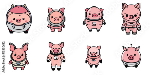 Multiple illustrations of pigs in space suits