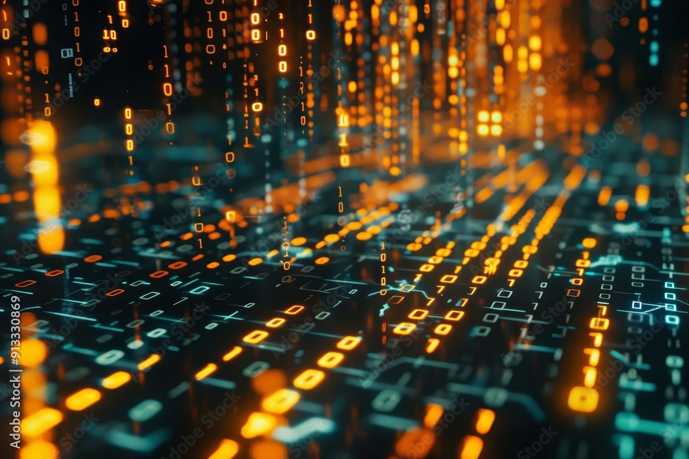 Obraz premium Binary code streaming across a dark background, symbolizing digital communication