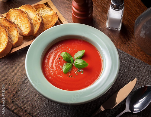 creamy tomato soup on restaurant table with toasted bread and mint leaves