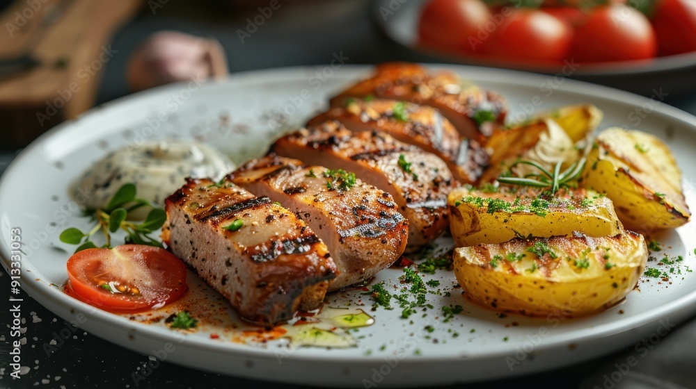 Grilled Chicken and Potatoes Served With Fresh Herbs Grilled Chicken and Potatoes Served With Fresh Herbs