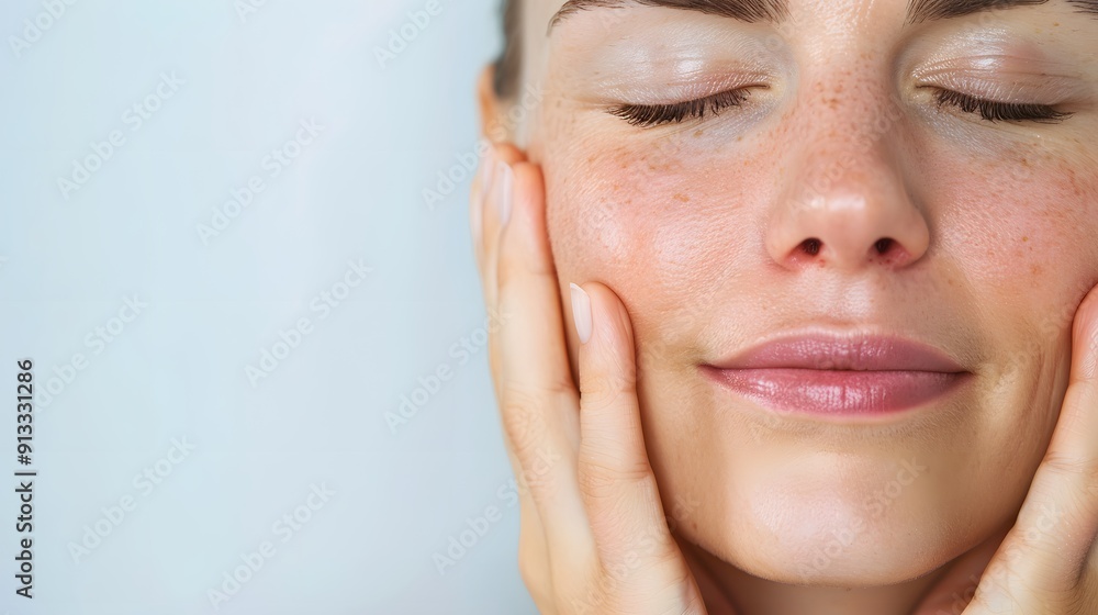 Radiant Embrace: A woman's serene face, adorned with freckles, exudes tranquility as she gently cups her hands to her cheeks, embodying natural beauty and self-care. Radiant Embrace: A woman's serene face, adorned with freckles, exudes tranquility as she gently cups her hands to her cheeks, embodying natural beauty and self-care.