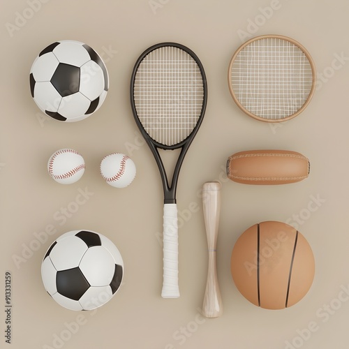 Neatly Arranged Sports Equipment with Sleek Graphic Elements on Muted Tones Industrial Ambiance