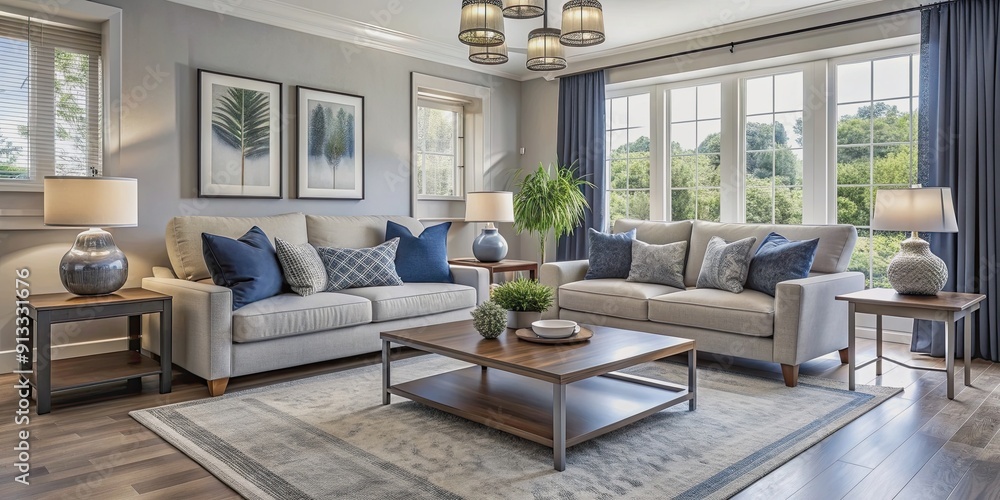 Contemporary living room in warm grays and whites with pops of indigo blue , neutral tones, warm grays Contemporary living room in warm grays and whites with pops of indigo blue , neutral tones, warm grays
