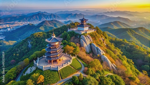 Aerial view of historic bongsudae beacons on Hwangryeongsan mountain in Busan, South Korea , mountain, bongsudae photo