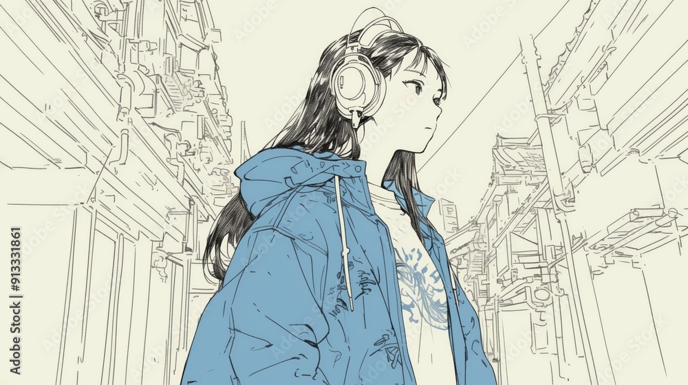 Obraz premium A girl on the streets of Harajuku, listening to music with stylish headphones 80s anime rainbow retro fashion