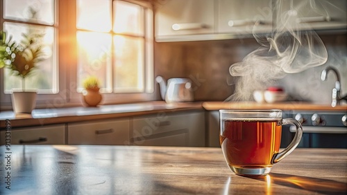 Hot tea steeps in a mug of boiling water on a kitchen counter in the morning, Tea, Steeping, Mug, Boiling water photo