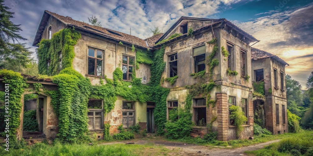 Fototapeta premium Creepy old abandoned building with broken windows and overgrown vegetation , Desolate, eerie, spooky, neglected, decay