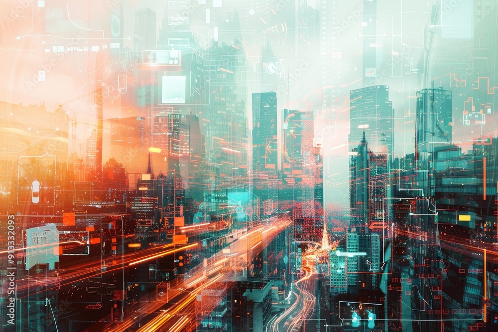Technology symbols overlaid on urban scenery for a striking double exposure image Technology symbols overlaid on urban scenery for a striking double exposure image